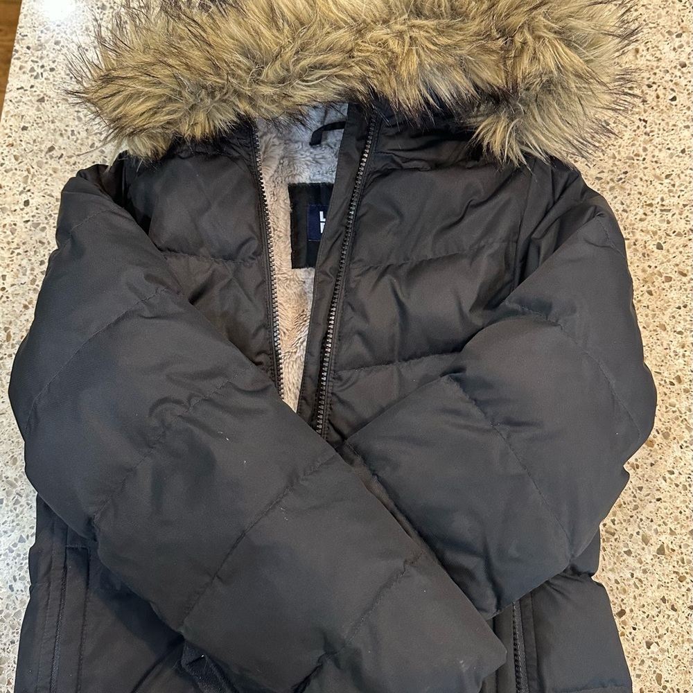 Lands' End Black Puffer Jacket with Faux Fur Trim - M